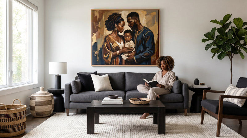 Editorial living room for African American Wall Art for Living Room Decor with warm natural light and sophisticated contemporary styling.