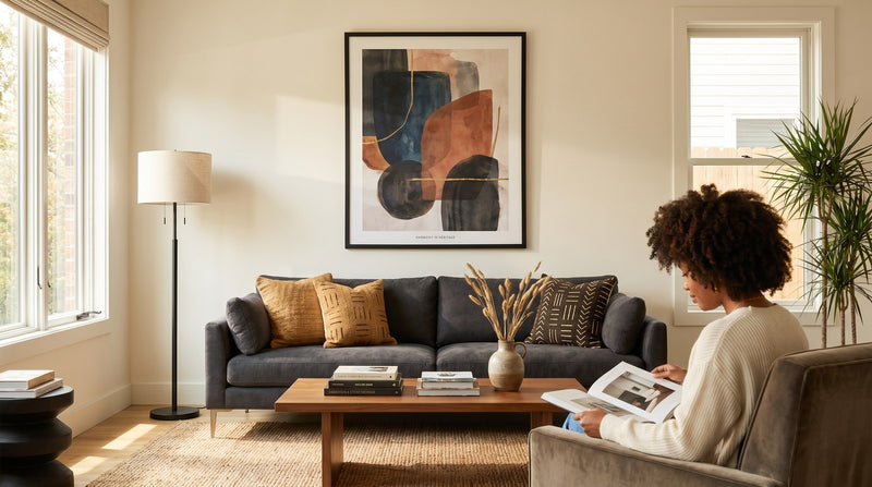 Editorial living room for African American Wall Art for Living Room Styling with warm natural light and sophisticated contemporary styling.