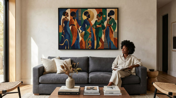 Editorial living room for Afrocentric Canvas Prints for Living Rooms with warm natural light and sophisticated contemporary styling.