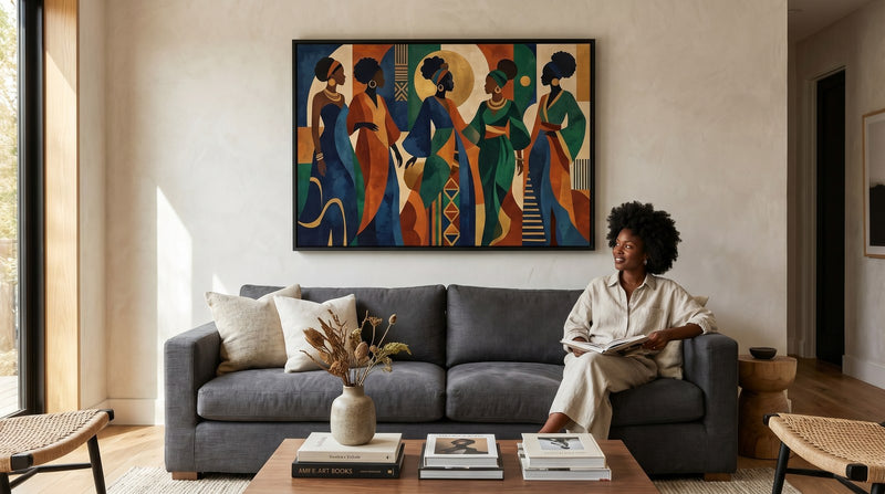 Editorial living room for Afrocentric Canvas Prints for Living Rooms with warm natural light and sophisticated contemporary styling.