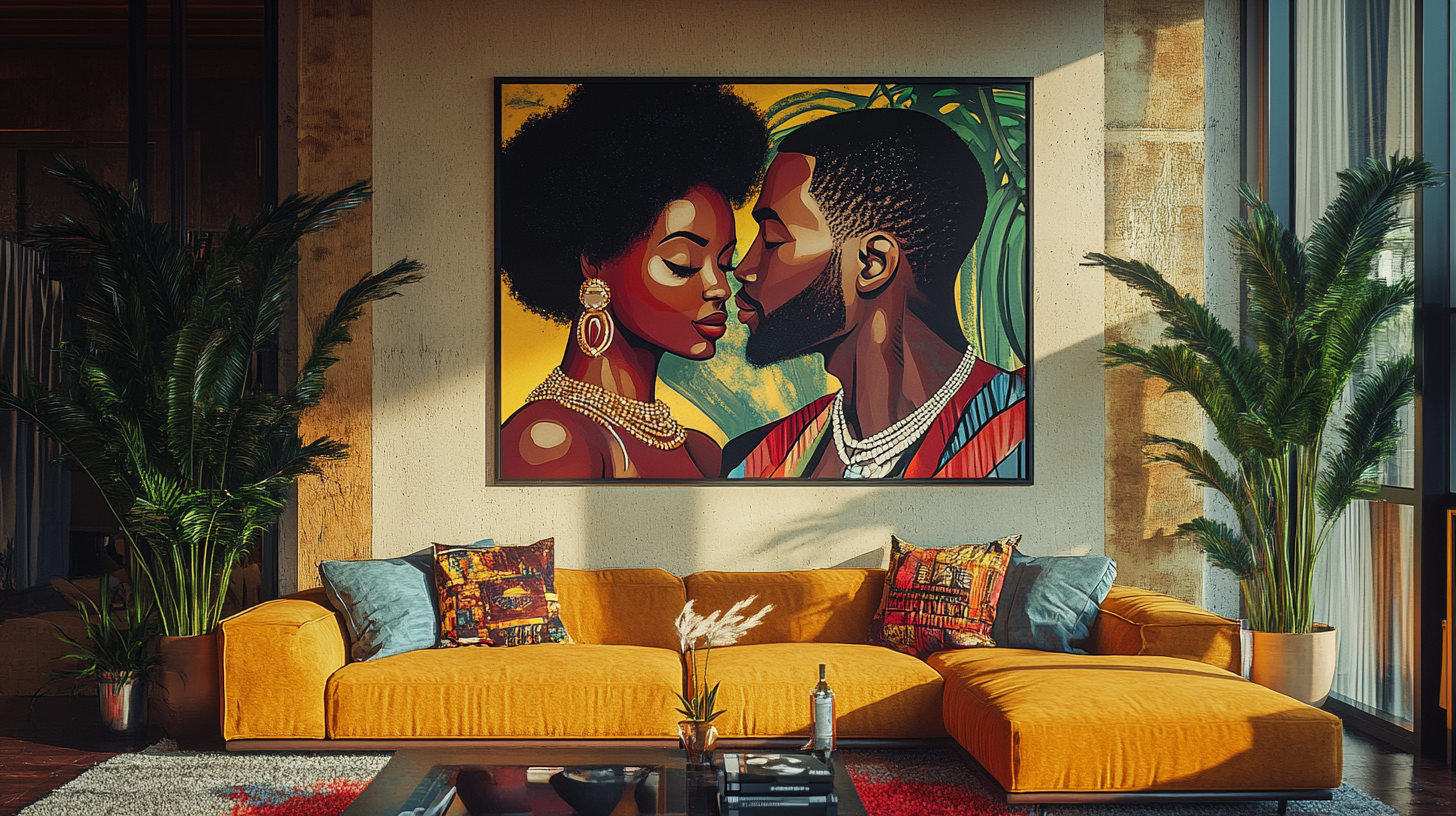 Gallery wall with African American and Caribbean modern art prints in a chic Afrocentric office.