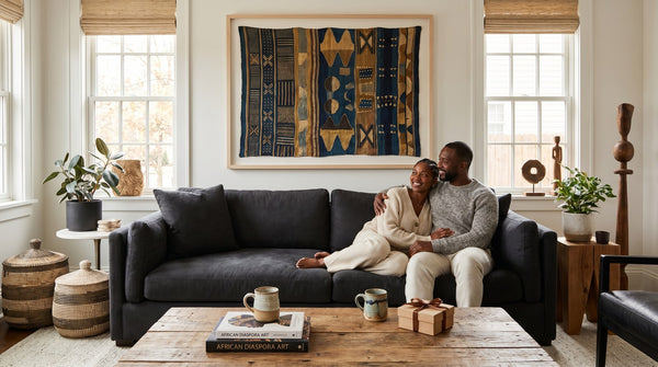 Editorial living room for Anniversary Gifts for Black Couples with warm natural light and sophisticated contemporary styling.