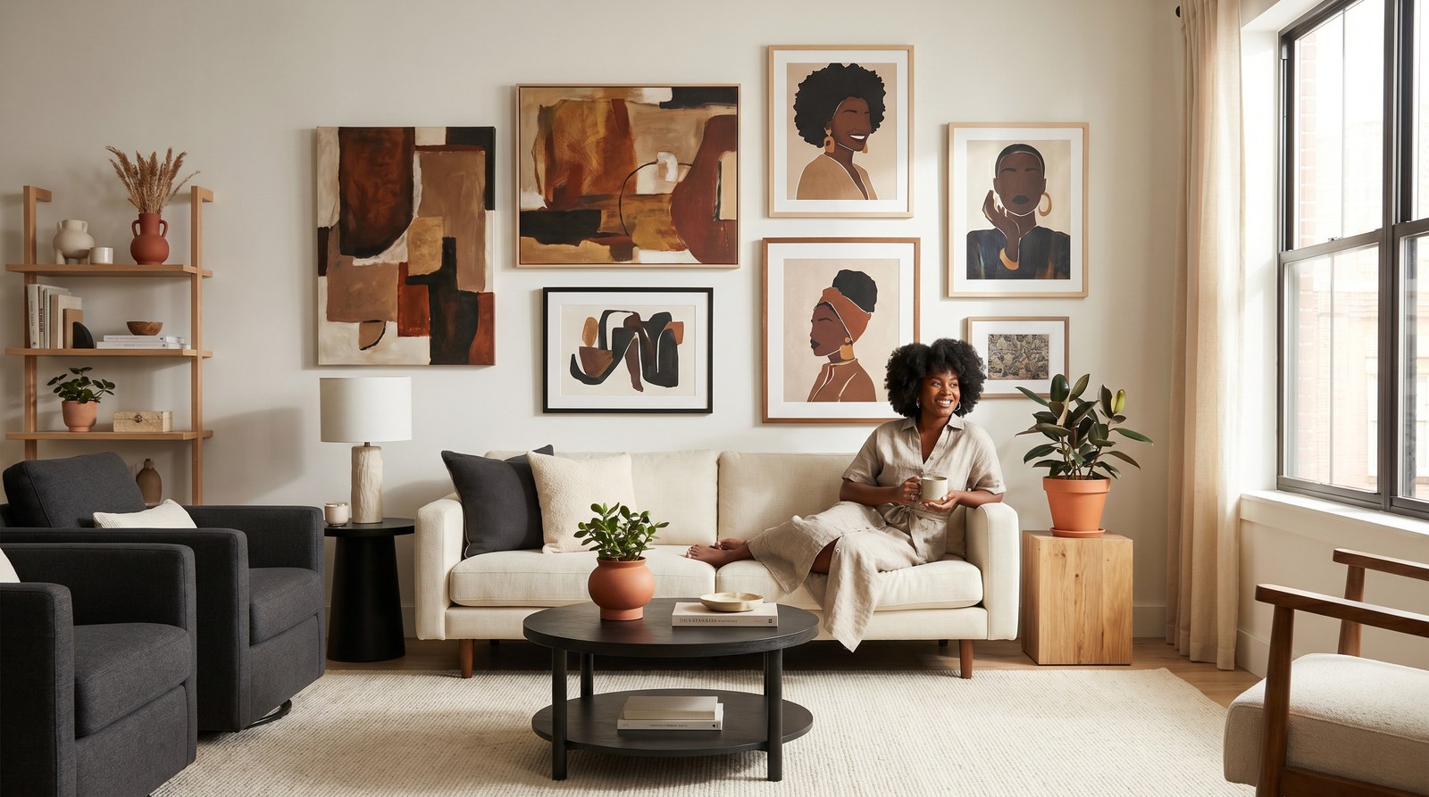 Editorial living room for Apartment Decorating Ideas for Black Women with warm natural light and sophisticated contemporary styling.