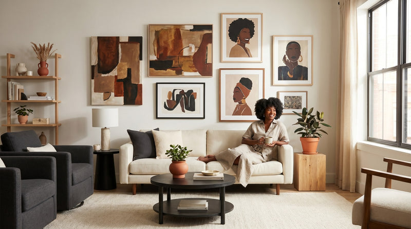 Editorial living room for Apartment Decorating Ideas for Black Women with warm natural light and sophisticated contemporary styling.
