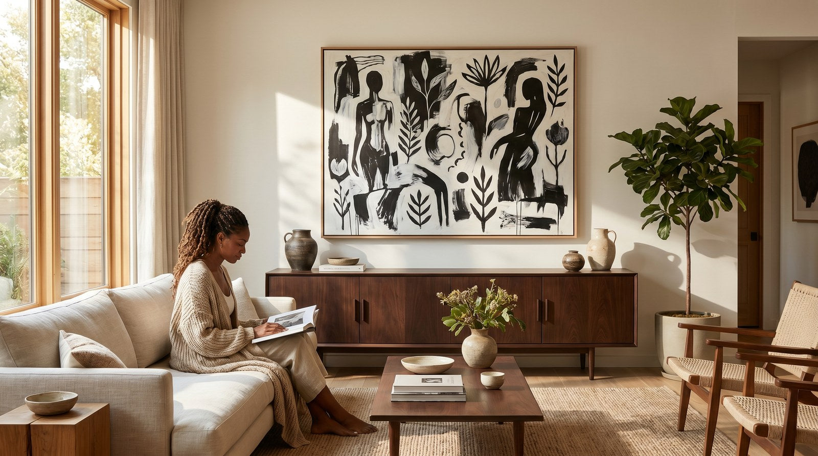Editorial living room for Best Black Wall Art for Living Rooms with warm natural light and sophisticated contemporary styling.