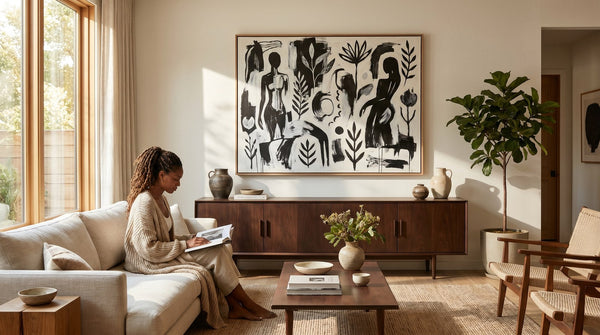 Editorial living room for Best Black Wall Art for Living Rooms with warm natural light and sophisticated contemporary styling.
