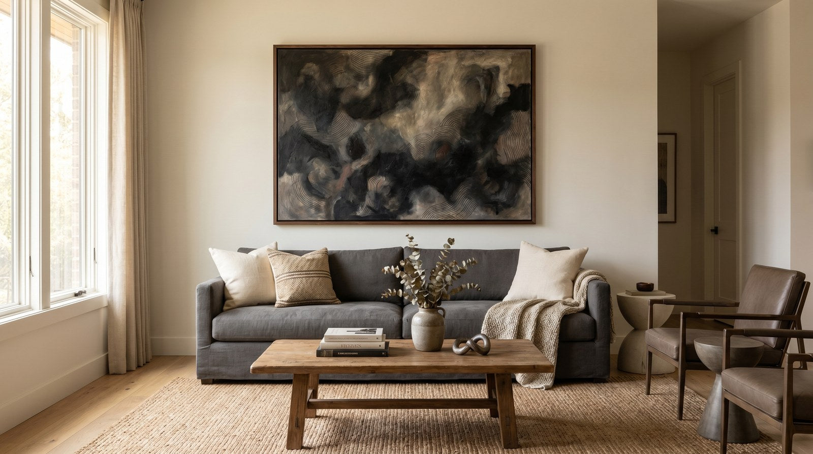 Editorial living room for Black Abstract Wall Art for Modern Homes with warm natural light and sophisticated contemporary styling.