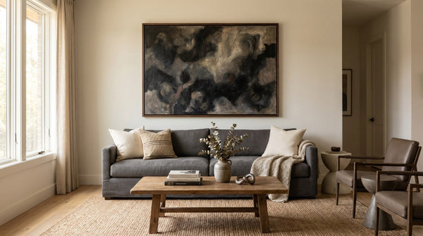 Editorial living room for Black Abstract Wall Art for Modern Homes with warm natural light and sophisticated contemporary styling.