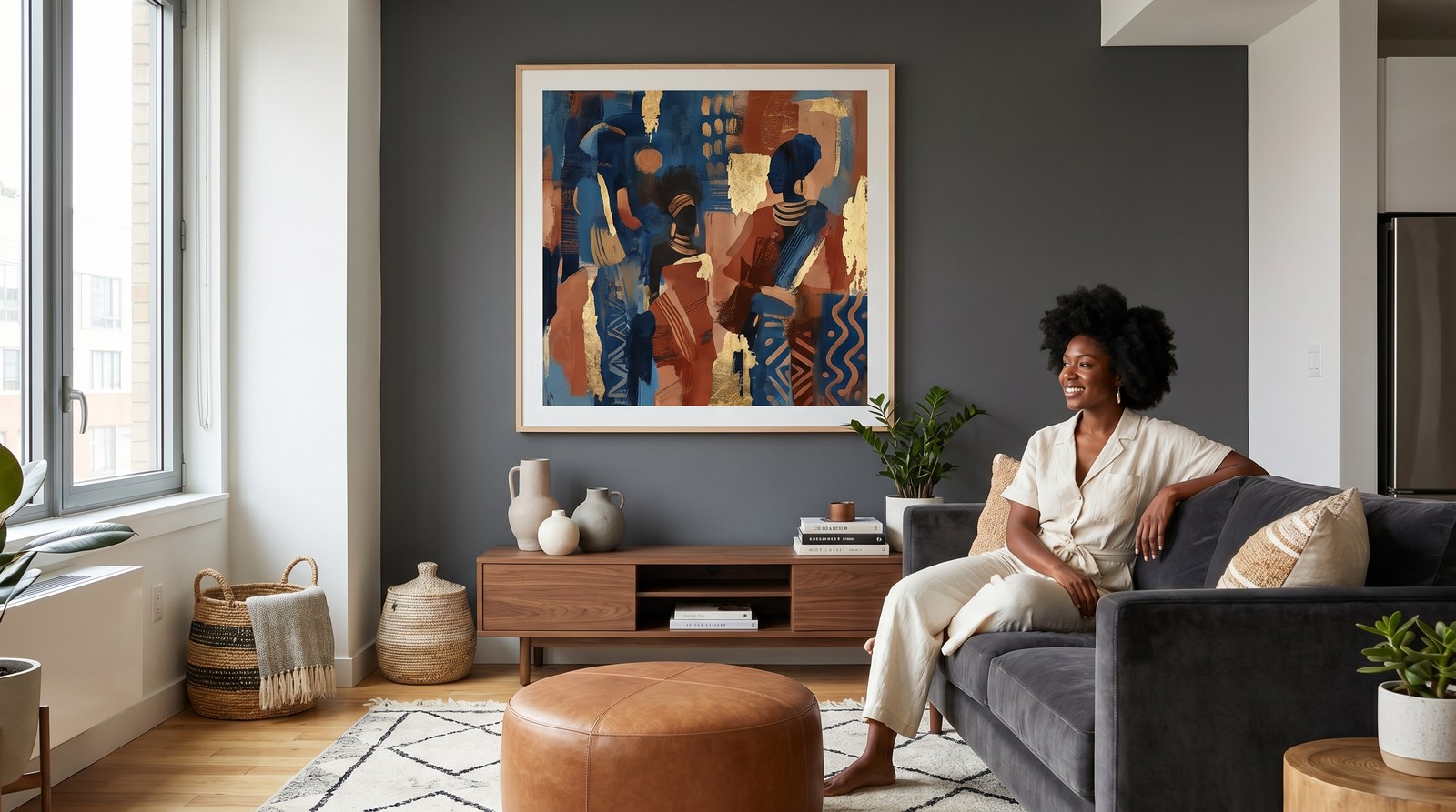 Editorial living room for Black Apartment Decor Ideas by Room with warm natural light and sophisticated contemporary styling.