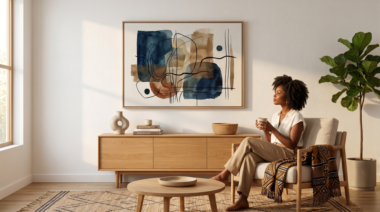 Editorial living room for Black Art Gifts for Housewarming with warm natural light and sophisticated contemporary styling.