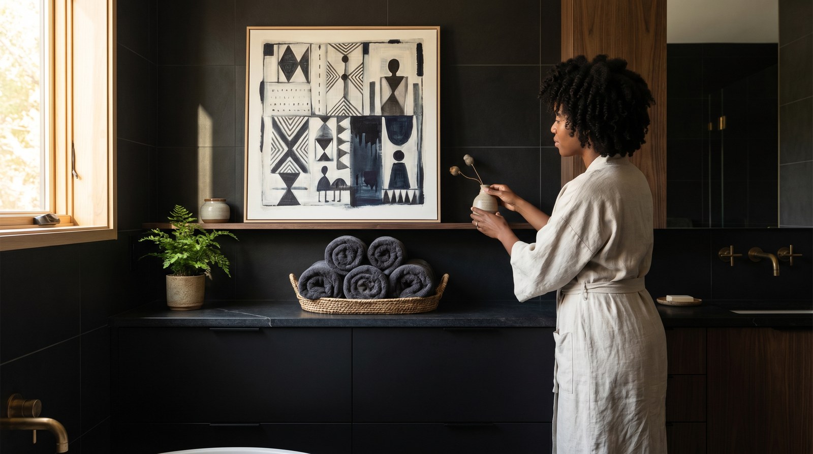 Editorial living room for Black Bathroom Wall Art Ideas with warm natural light and sophisticated contemporary styling.