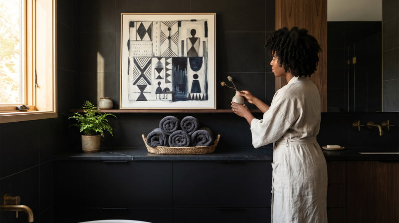 Editorial living room for Black Bathroom Wall Art Ideas with warm natural light and sophisticated contemporary styling.