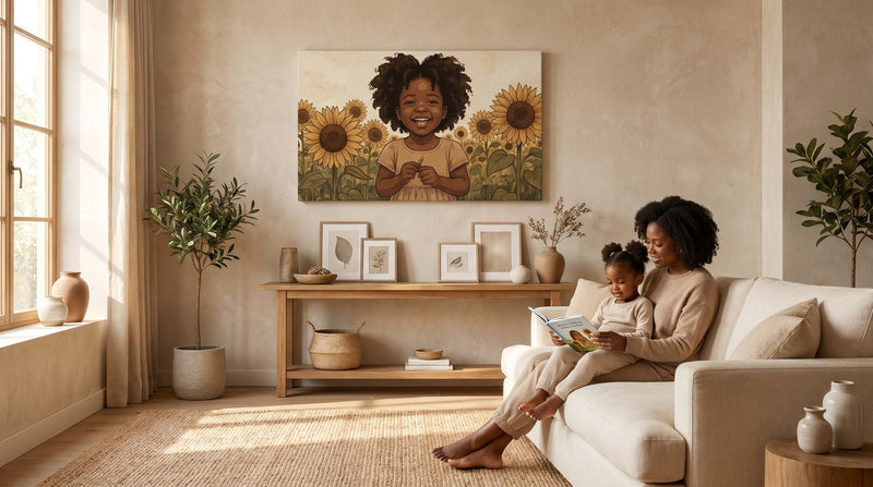 Editorial living room for Black Children Wall Art for Kids Rooms with warm natural light and sophisticated contemporary styling.