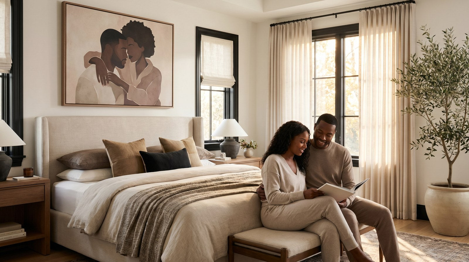 Editorial living room for Black Couple Wall Art for Bedrooms with warm natural light and sophisticated contemporary styling.
