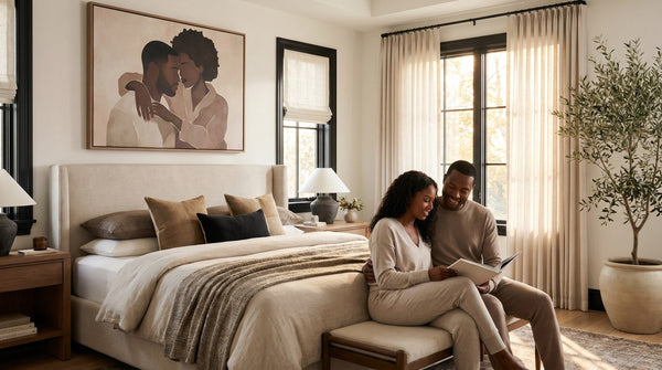 Editorial living room for Black Couple Wall Art for Bedrooms with warm natural light and sophisticated contemporary styling.