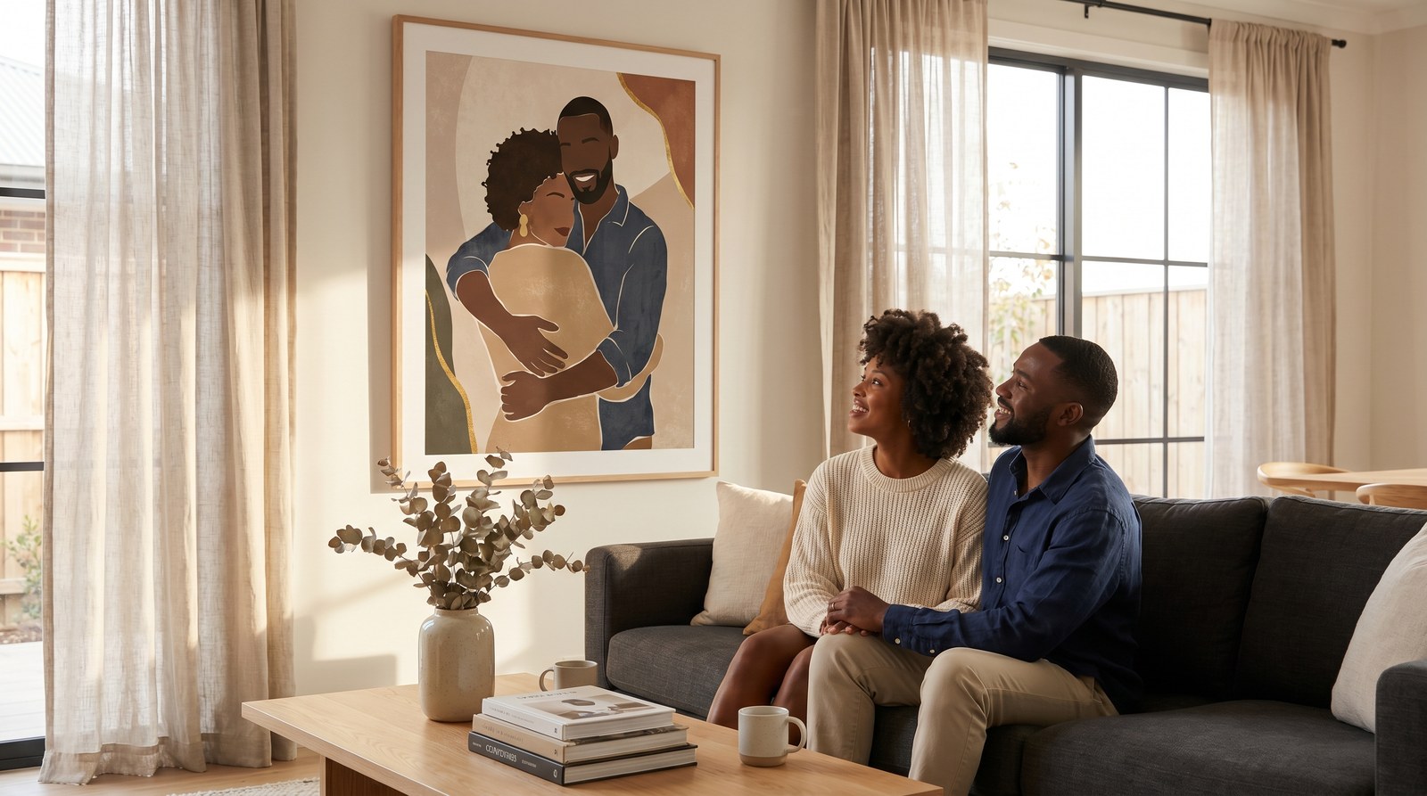 Editorial living room for Black Couple Wall Art Gift Ideas with warm natural light and sophisticated contemporary styling.