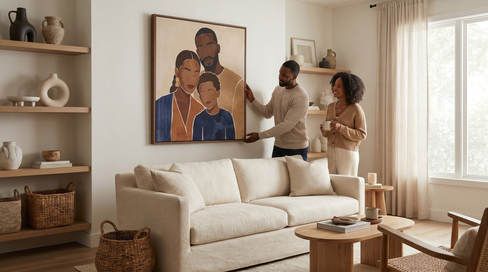 Editorial living room for Black Family Wall Art for Living Rooms with warm natural light and sophisticated contemporary styling.