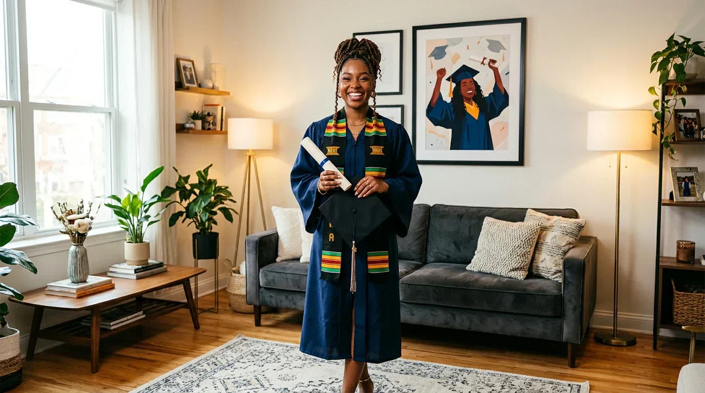 Black graduate standing in a living room with Black graduation gifts wall art above the sofa