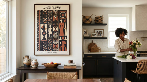 Editorial living room for Black Kitchen Wall Art Ideas With Culture and Warmth with warm natural light and sophisticated contemporary.