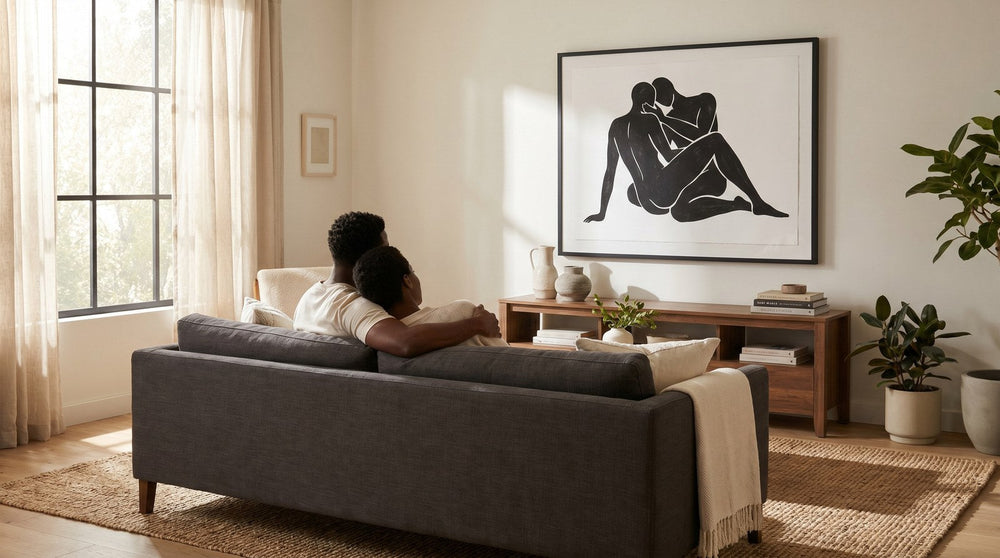 Editorial living room for Black Love Wall Art for Bedrooms and Couples with warm natural light and sophisticated contemporary styling.