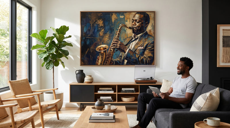 Editorial living room for Black Music Wall Art for Entertainment Rooms with warm natural light and sophisticated contemporary styling.
