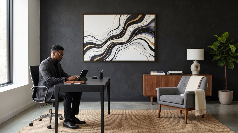 Editorial living room for Black Office Wall Art for Entrepreneurs with warm natural light and sophisticated contemporary styling.