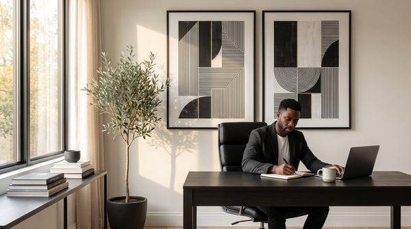 Editorial living room for Black Office Wall Art Ideas for Entrepreneurs and Professionals with warm natural light and sophisticated.