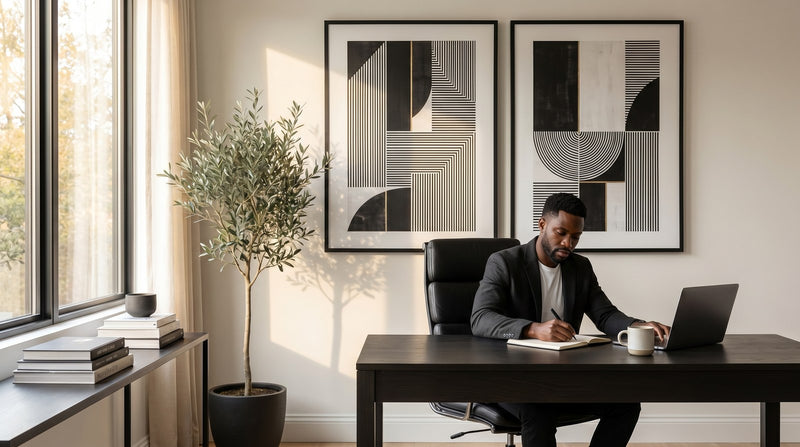 Editorial living room for Black Office Wall Art Ideas for Entrepreneurs and Professionals with warm natural light and sophisticated.