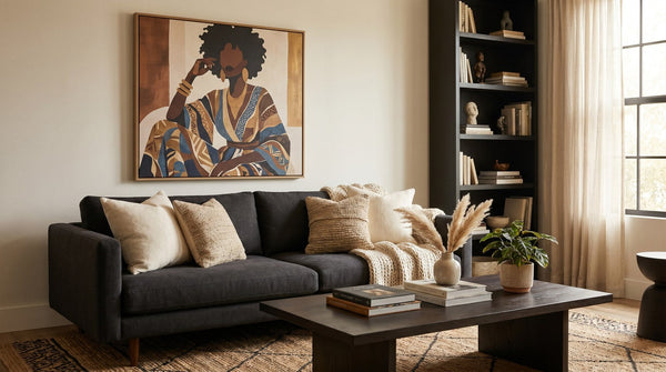 Editorial living room for Black-Owned Wall Art Stores to Know with warm natural light and sophisticated contemporary styling.