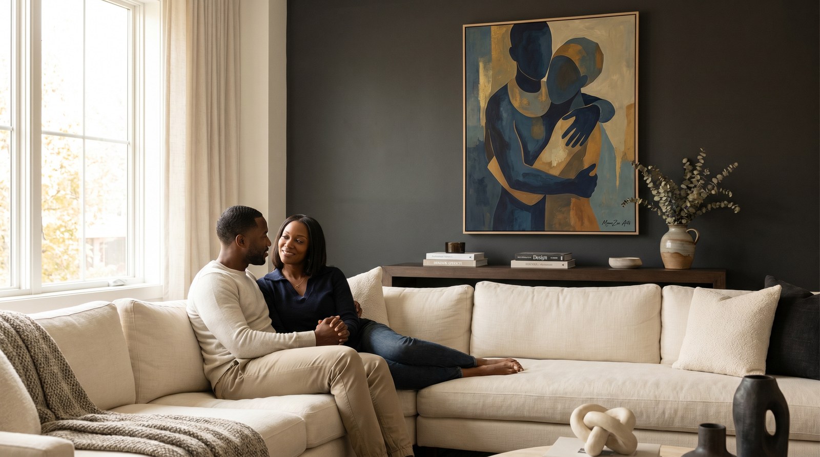 Editorial living room for Black Wedding Gift Ideas for Couples with warm natural light and sophisticated contemporary styling.