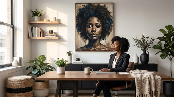 Editorial living room for Black Women Wall Art for Bedrooms and Offices with warm natural light and sophisticated contemporary styling.
