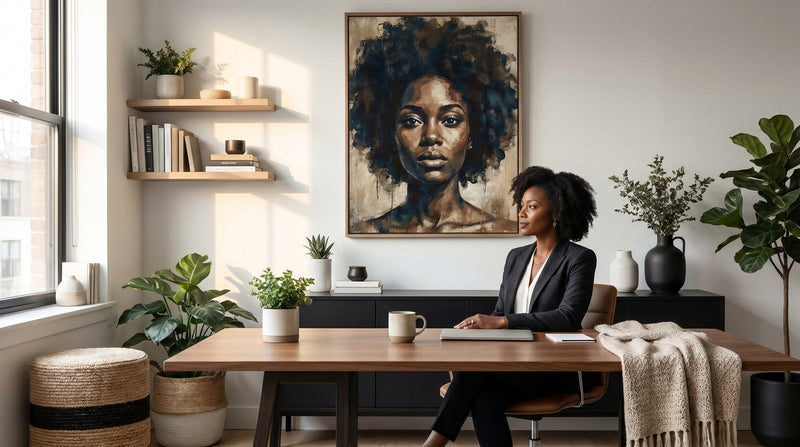 Editorial living room for Black Women Wall Art for Bedrooms and Offices with warm natural light and sophisticated contemporary styling.