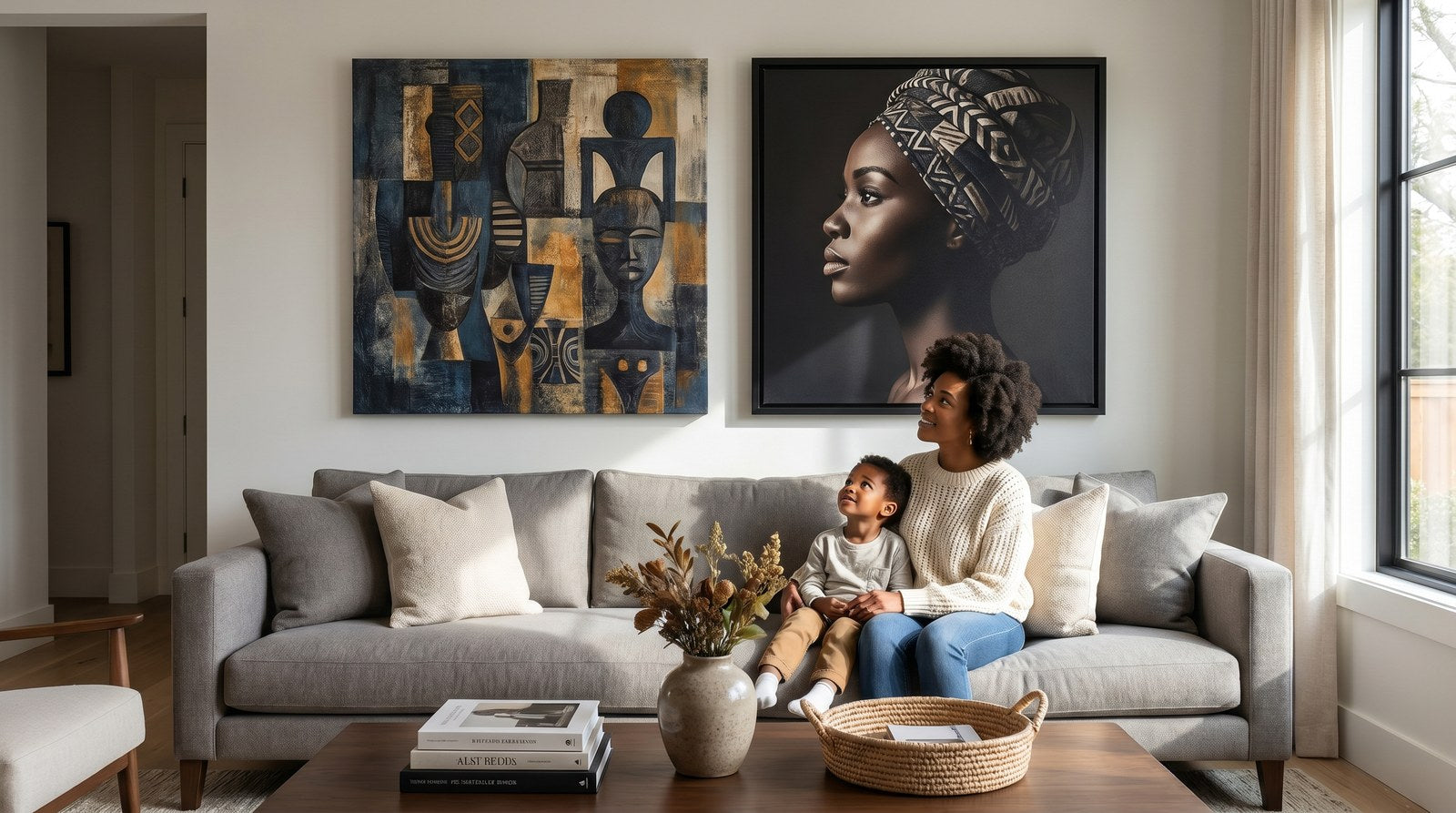 Editorial living room for Canvas Prints vs Framed Canvas with warm natural light and sophisticated contemporary styling.