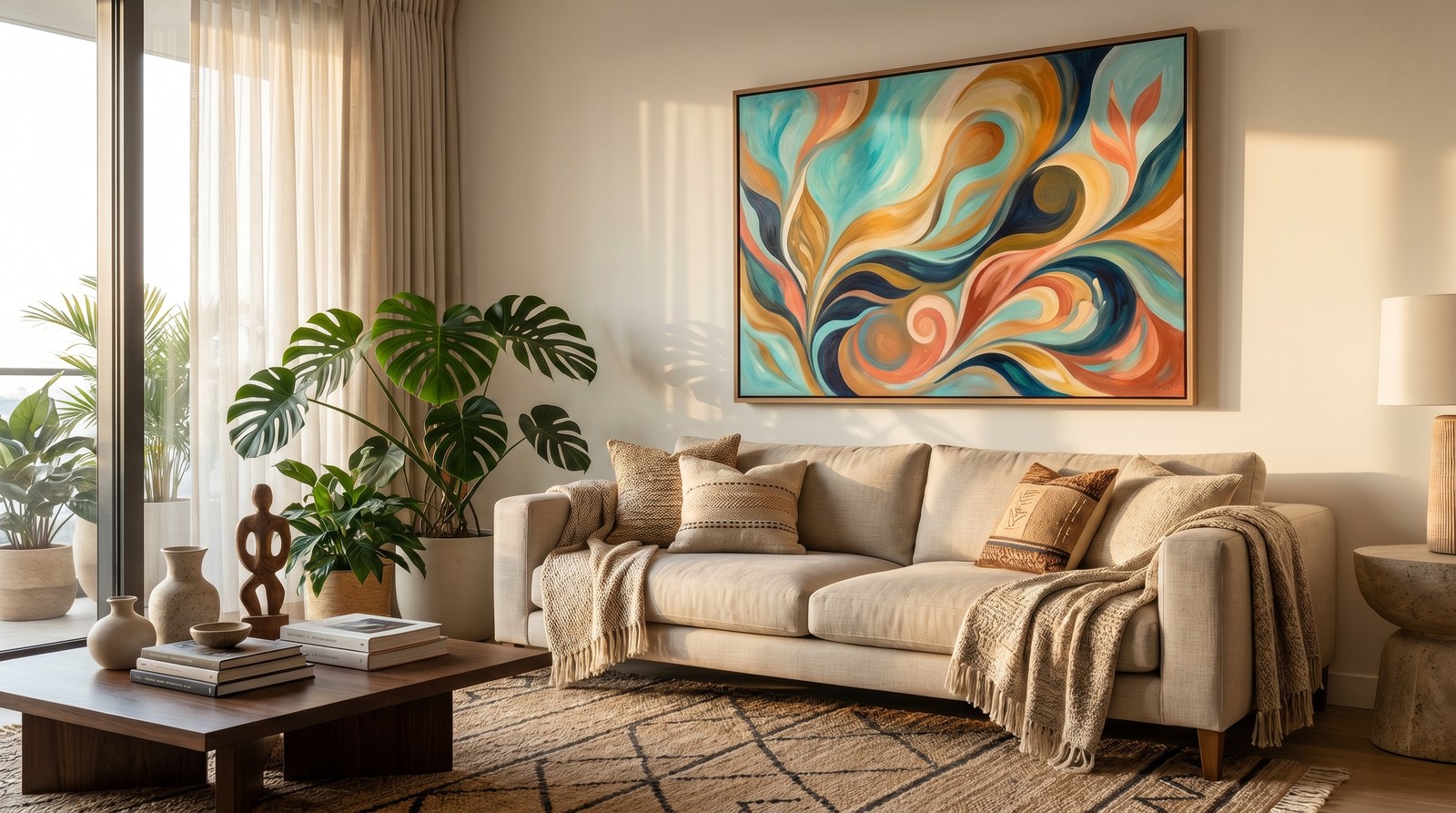 Editorial living room for Caribbean Wall Art for Living Rooms and Apartments with warm natural light and sophisticated contemporary styling.