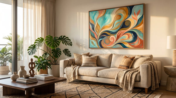 Editorial living room for Caribbean Wall Art for Living Rooms and Apartments with warm natural light and sophisticated contemporary styling.