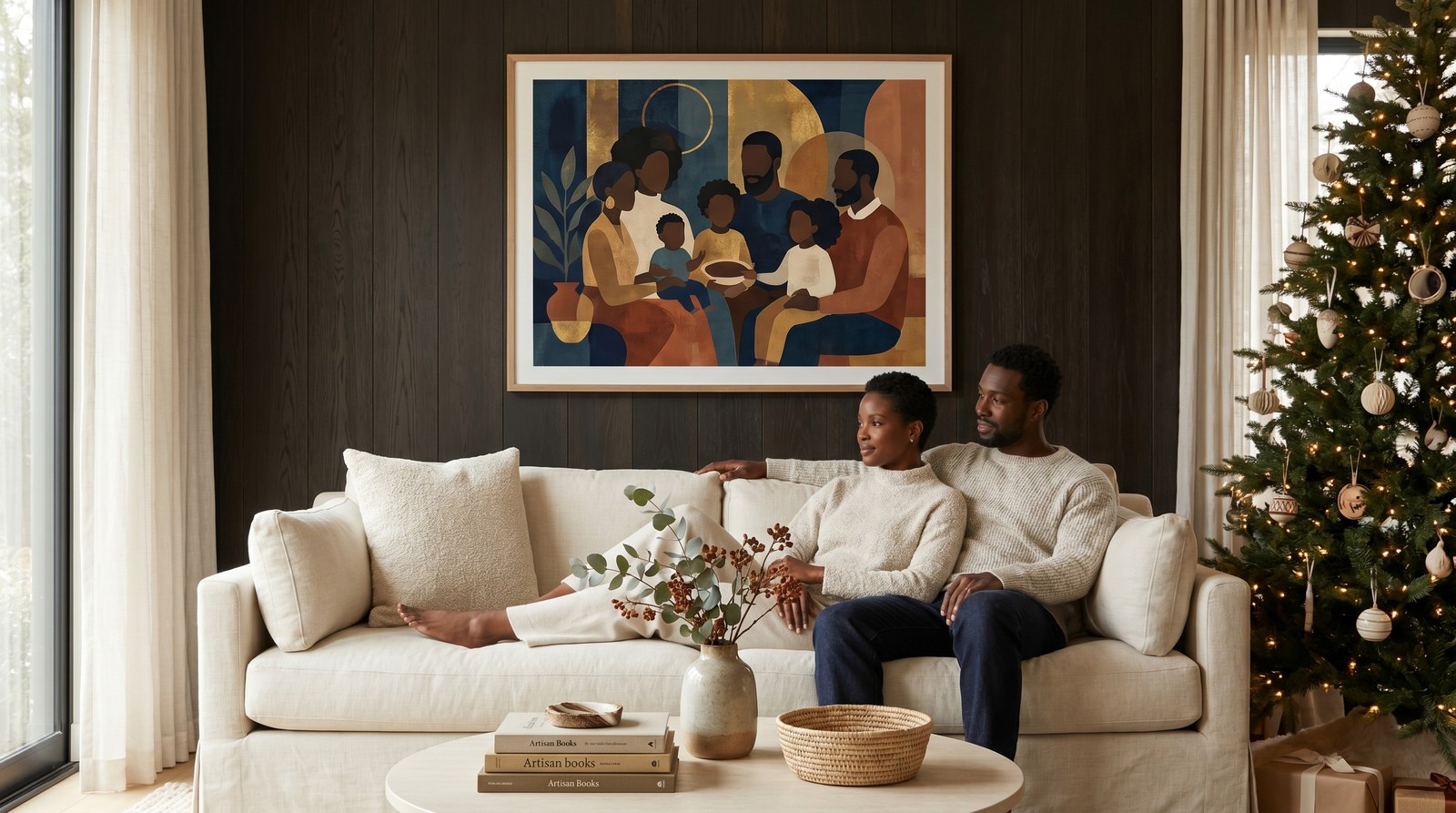 Editorial living room for Christmas Gifts for Black Homeowners with warm natural light and sophisticated contemporary styling.