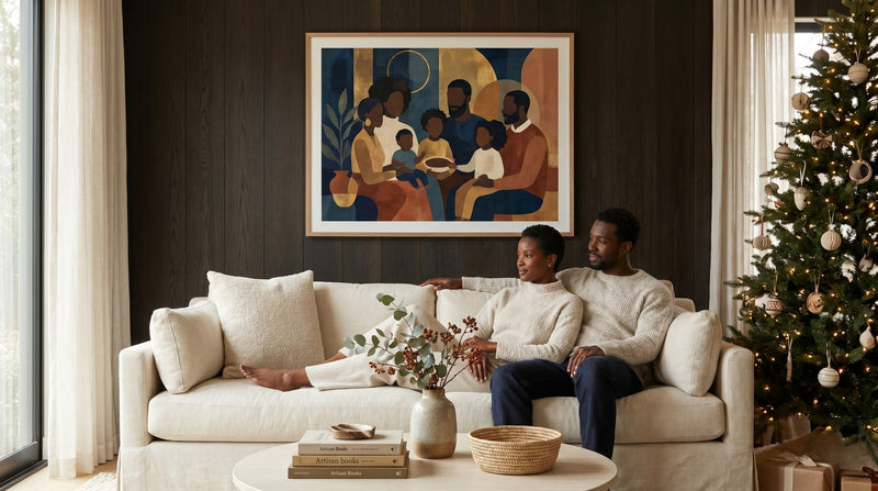 Editorial living room for Christmas Gifts for Black Homeowners with warm natural light and sophisticated contemporary styling.