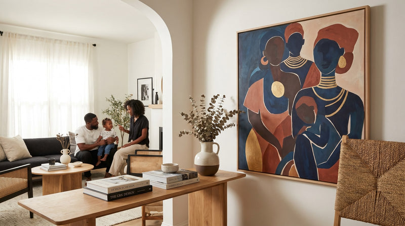 Editorial living room for Entryway Wall Art Ideas for Black Homes with warm natural light and sophisticated contemporary styling.