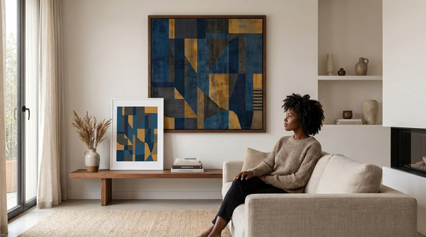 Editorial living room for Framed Canvas vs Poster Prints with warm natural light and sophisticated contemporary styling.