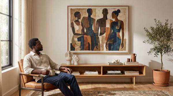 Editorial living room for Gifts for Black Men Who Love Art and Culture with warm natural light and sophisticated contemporary styling.