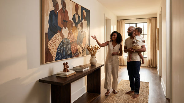 Editorial living room for Hallway Wall Art Ideas for Family, Culture, and Storytelling with warm natural light and sophisticated.