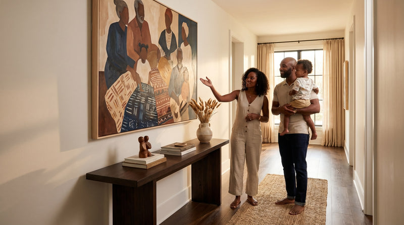 Editorial living room for Hallway Wall Art Ideas for Family, Culture, and Storytelling with warm natural light and sophisticated.