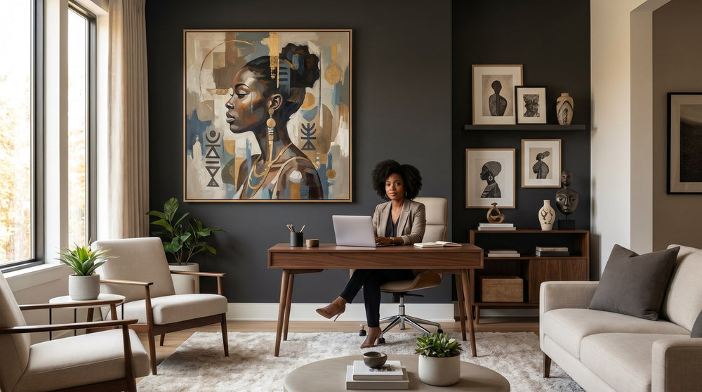 Editorial living room for Home Office Wall Art for Black Professionals with warm natural light and sophisticated contemporary styling.