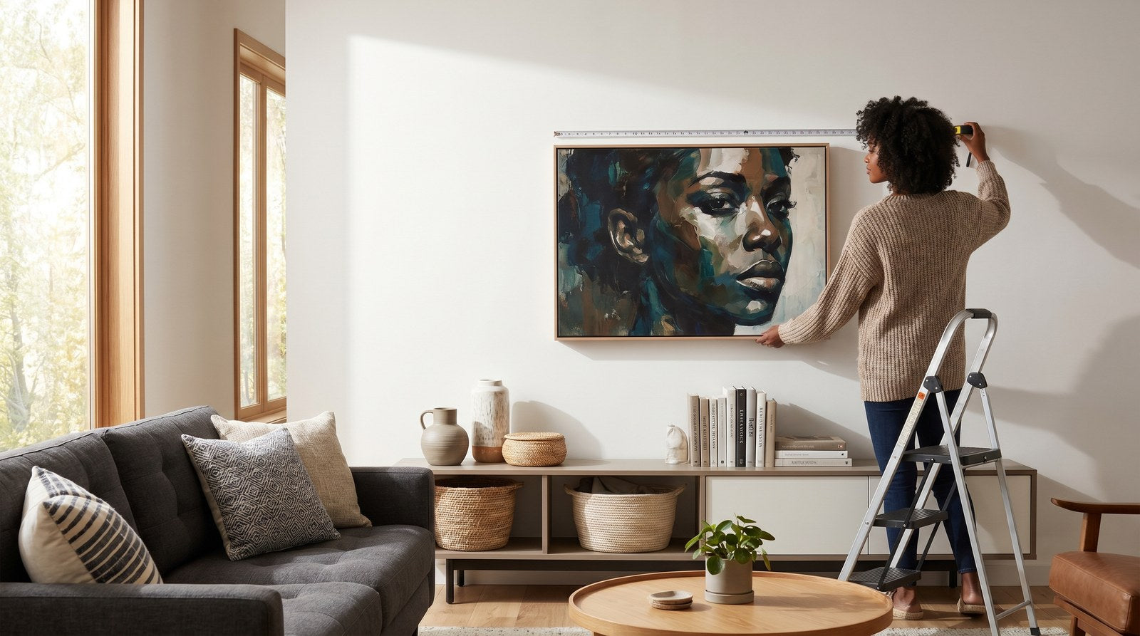 Editorial living room for How High Should You Hang Wall Art? with warm natural light and sophisticated contemporary styling.