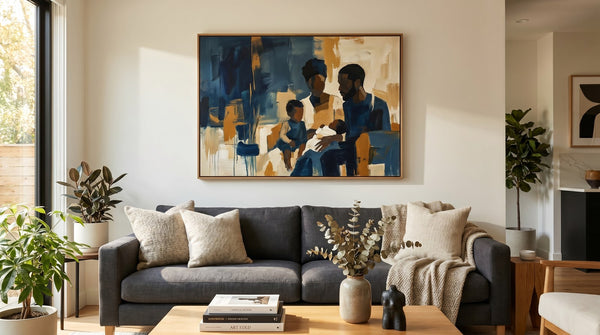 Editorial living room for How High to Hang Art Above a Sofa with warm natural light and sophisticated contemporary styling.