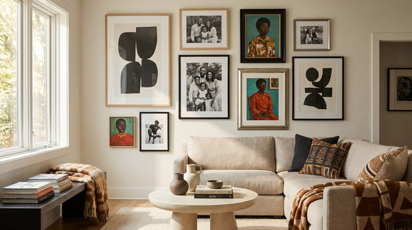 Editorial living room for How Many Pieces of Art Should Be on One Wall? with warm natural light and sophisticated contemporary styling.