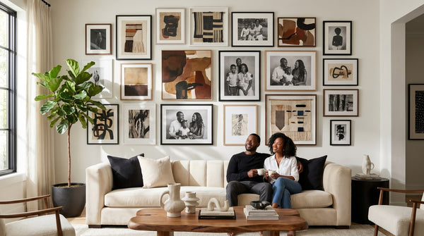 Editorial living room for How to Build a Black Art Gallery Wall with warm natural light and sophisticated contemporary styling.