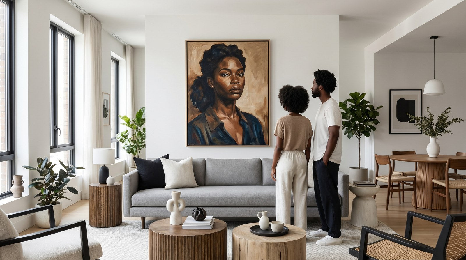 Editorial living room for How to Choose Art for Open Concept Living Rooms with warm natural light and sophisticated contemporary styling.