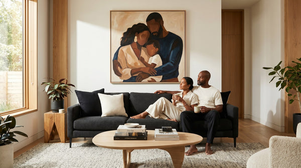 Editorial living room for How to Choose Wall Art for a Living Room with warm natural light and sophisticated contemporary styling.