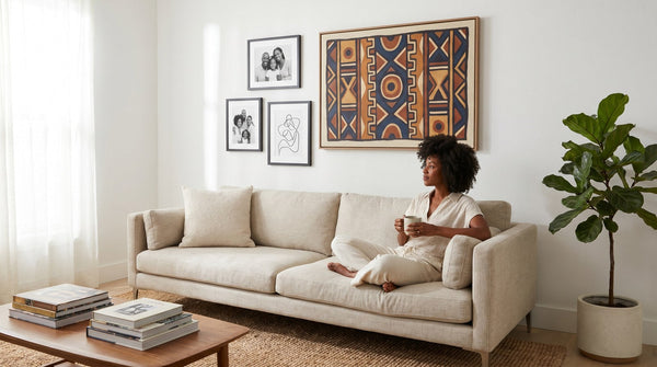 Editorial living room for How to Choose Wall Art for Small Spaces with warm natural light and sophisticated contemporary styling.